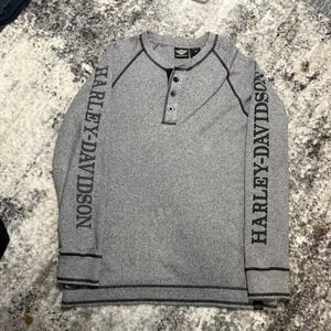 Harley-Davidson Mens Gray Long‎ Sleeve Henley Shirt Graphic Sleeves Medium